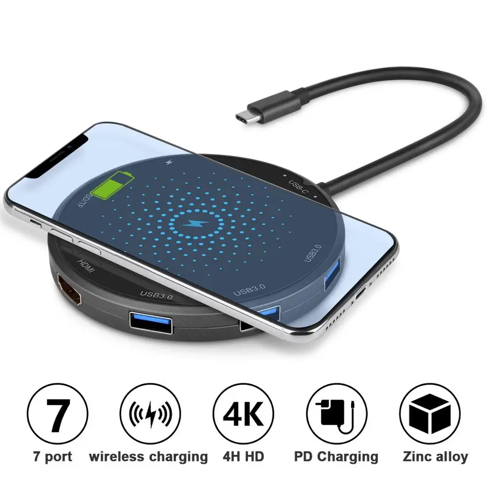 7 в 1 type-C концентратор(HDMI+ 3 порта USB3.0+ SD+ TF+ PD интерфейсы) док-станция с 10 Вт Беспроводное зарядное устройство USB-C концентратор