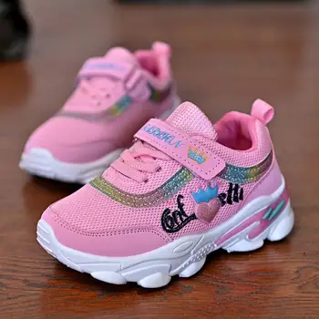

New Children Girls Running Shoes Pink White Girls Sneakers Kids Hook Loop Shoes Non-Slip Sport Trainers Girls