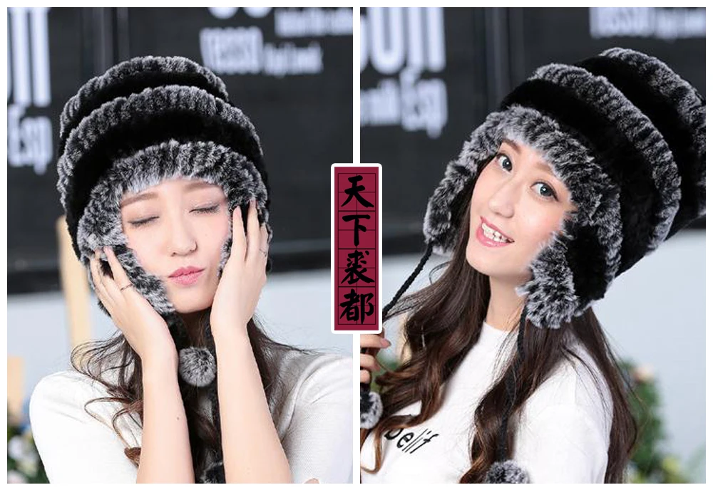 Lady Real Fur Earflap Hats Women Natural Rex Rabbit Fur Beanies Cap Russian Winter Warm Genuine Fur Hat Wholesale