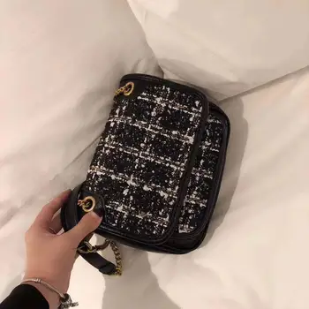 

2020 new hit color woolen crossbody bag, check pattern chain shoulder large capacity bag