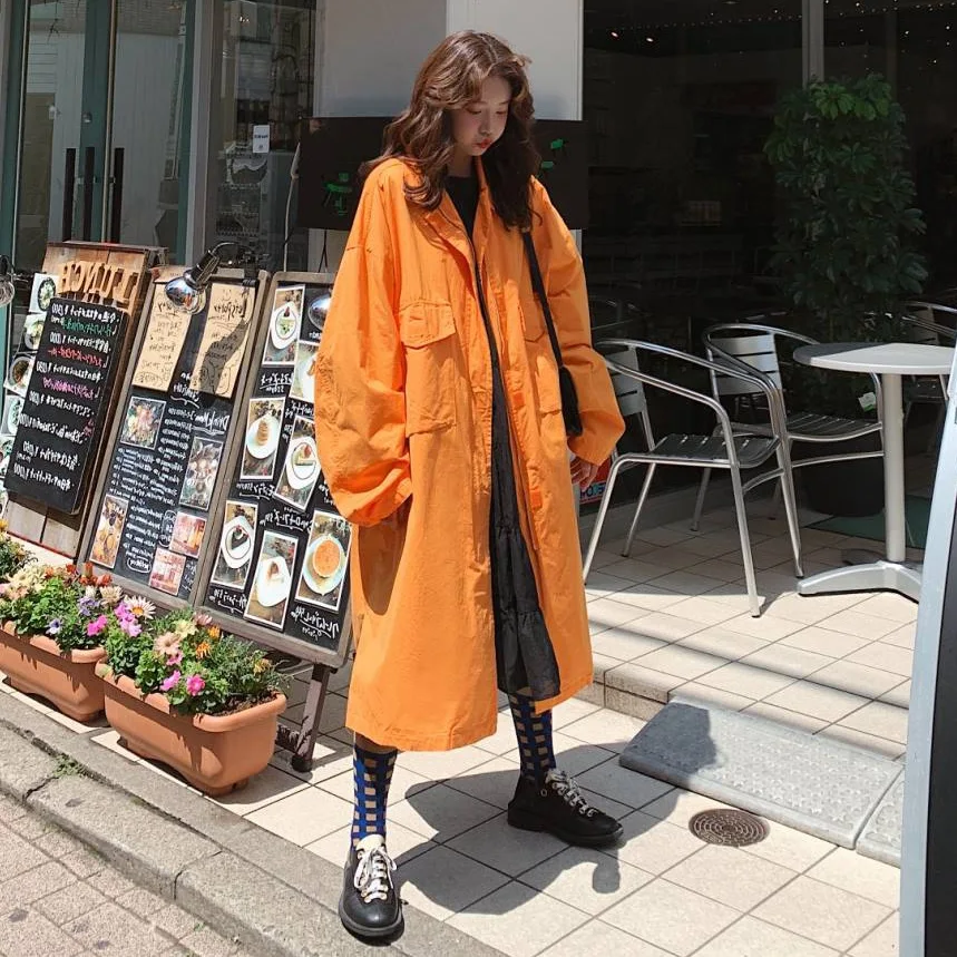 

Photo Shoot INS Literature And Art Harajuku Wind Orange Fold-down Collar Large Pocket Workwear Trench Coat over-the-Knee Long Lo