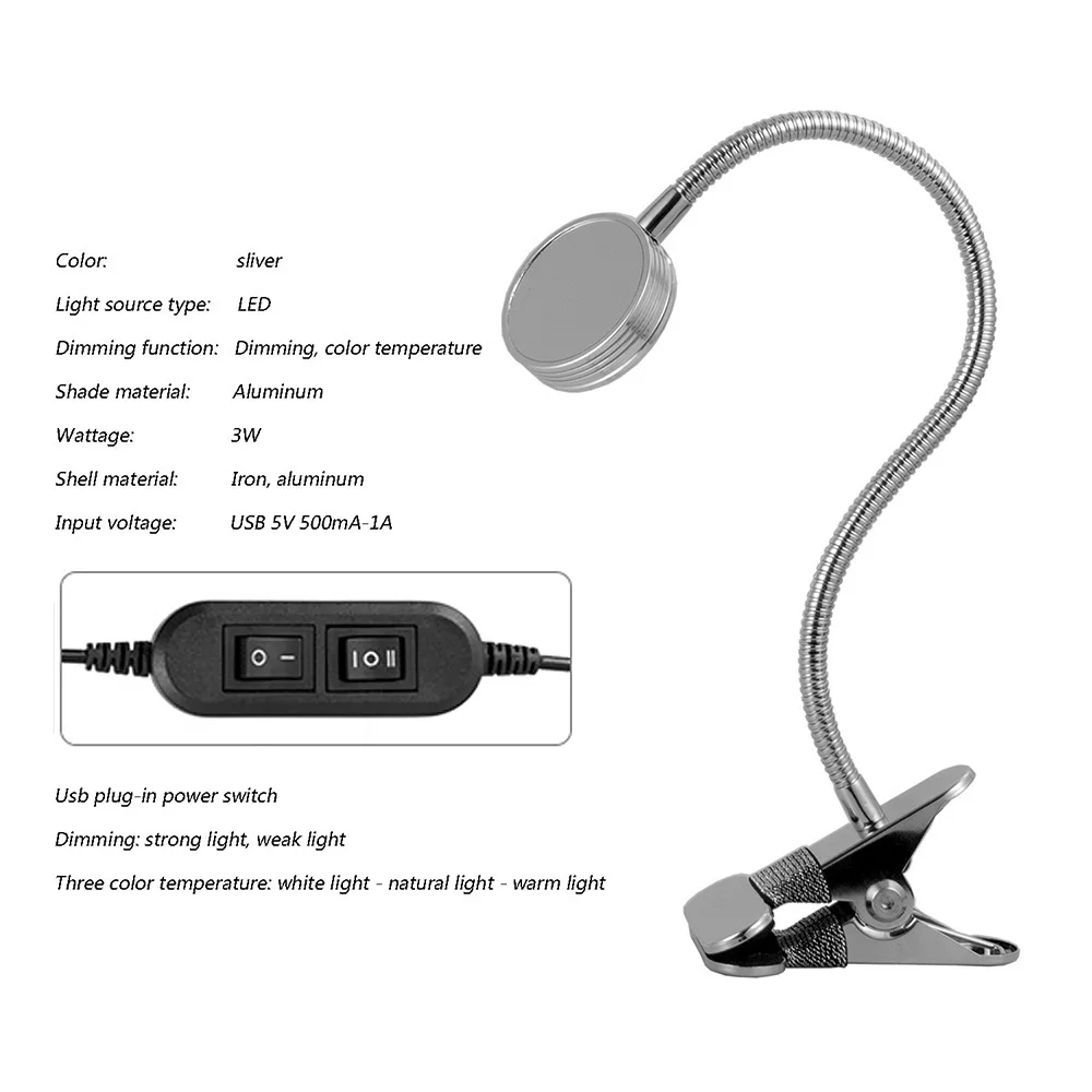 Clip On LED Table Lamp USB Gooseneck Reading Light For Bedroom Study 3 Lighting Modes Dimmable