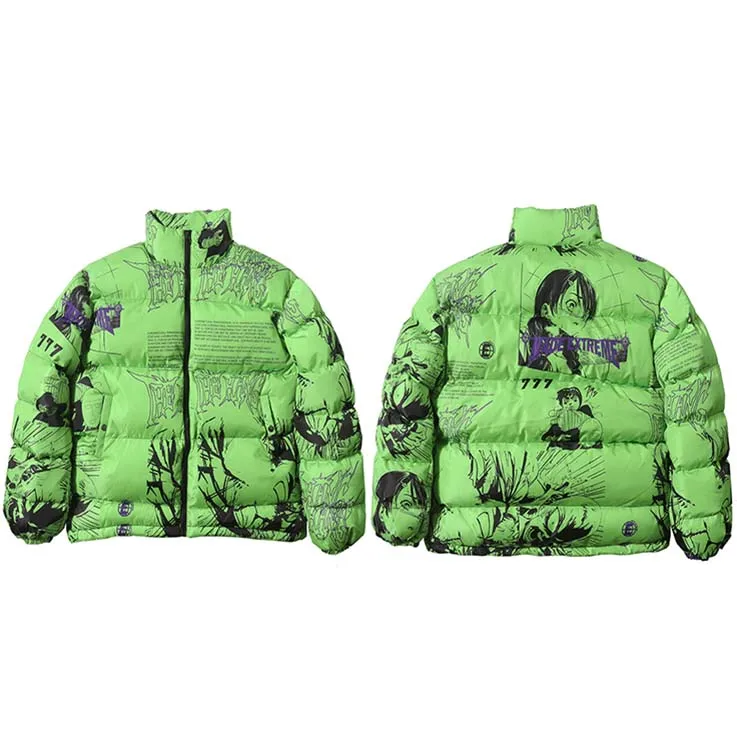 A21L24 Green Куртка в стиле хип-хоп, парка, японский мультяшный граффити, уличная Мужская ветровка, Harajuku, зимняя стеганая куртка, пальто, теплая верхняя одежда - Color: A21L24 Green
