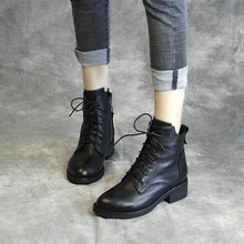 Женские туфли-лодочки из натуральной женская из телячьей кожи обувь до щиколотки ботинки черного цвета, со шнуровкой, на низком каблуке, на шнуровке, высота жокейском стиле, увеличивающие рост на нормальное Размеры