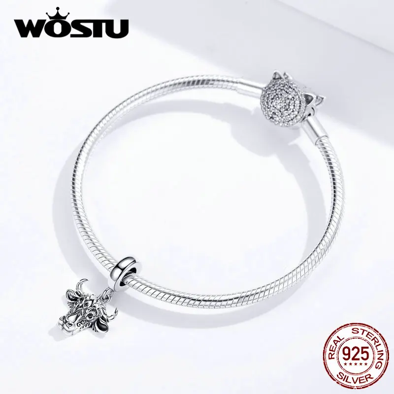 WOSTU, 925 пробы, серебро, Таурен, корова, животные, подвески, подходят к оригинальному браслету, кулон для женщин, бусы для изготовления ювелирных изделий CQC1316