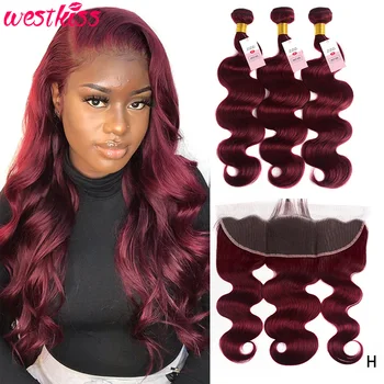 

West Kiss Hair 99j Burgundy Bundles With Frontal Closure Brazilian Body Wave Pre-Colored Lace Frontal With Bundles Remy Hair