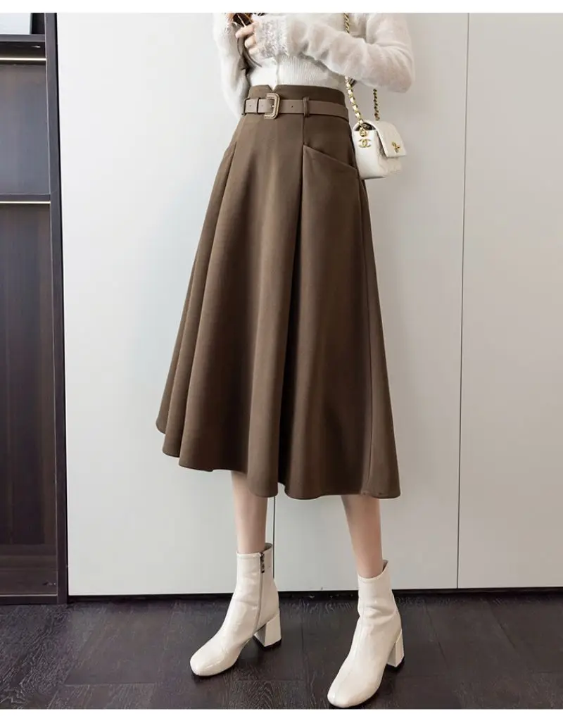 גבוהה מותן חצאית נקבה 2021 סתיו וחורף סגנון חדש מוצק צבע רטרו אמצע אורך גדול נדנדה אונליין צמר חצאית עם חגורה