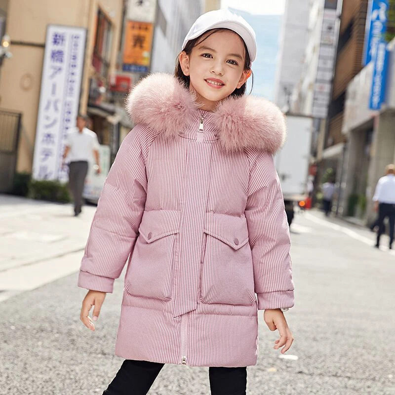 Light Pink Г. Зимние куртки для девочек; пуховое пальто с капюшоном и меховым воротником; утепленные куртки и пальто для девочек; теплая верхняя одежда для детей; пальто - Цвет: Light Pink