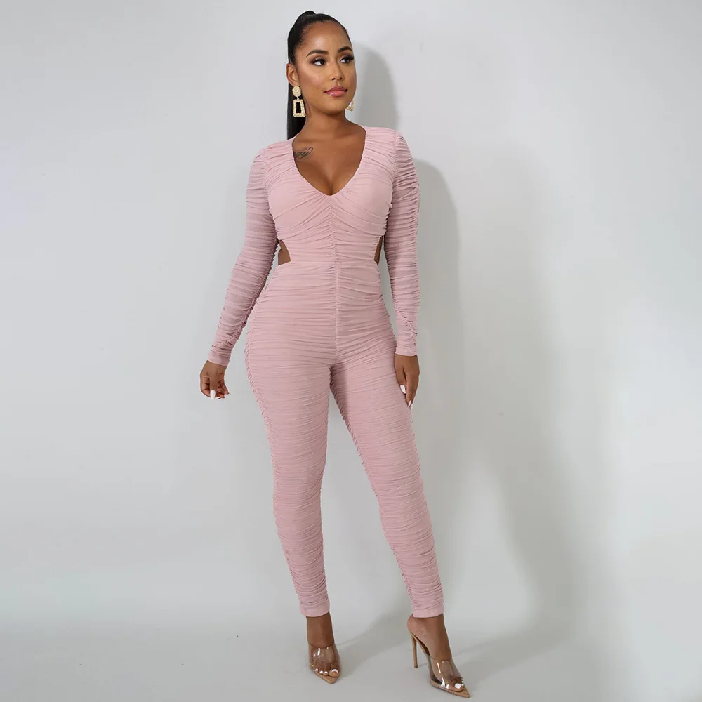 BKLD Ladies Jumpsuits Fashion Ruched Long Sleeve Bodycon Clubwear Playsuits Womens Jumpsuit Autumn New Pink V-Neck Rompers