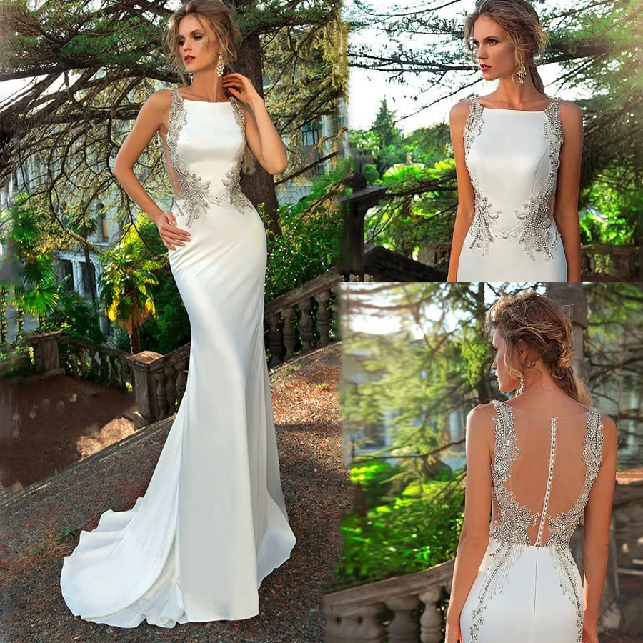 Luxury Crystal Beading Mermaid Long Wedding Dress Illusion Tulle Back Sweep Train Floor Length Bridal vestido de noiva | Свадьбы и