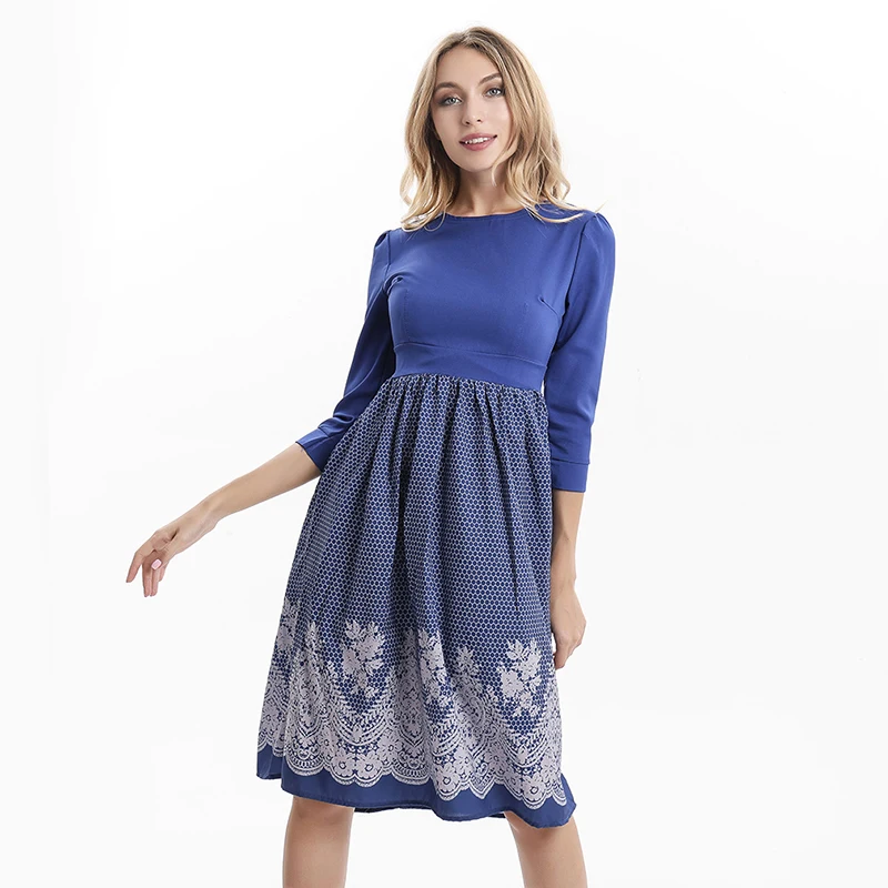 Элегантное женское платье; сезон весна-осень; женское платье с рукавом три четверти; с цветочным принтом; с круглым вырезом; тонкие плиссированные вечерние платья; Feminino Vestido