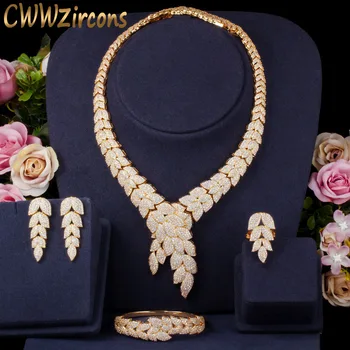 

CWWZircons 4pcs Luxury African CZ Leaf Bridal Party Drop Earring Necklace Bracelet Ring Nigerian Dubai Gold Jewelry Sets T392