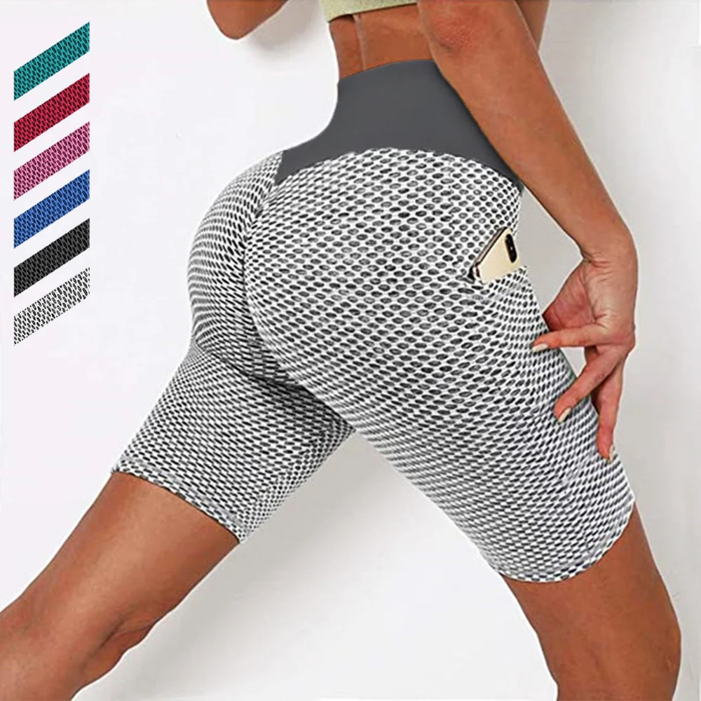 

Honeycomb Textured Scrunch Booty Shorts Push Up Leggings High Waist Side Pockets Biker Shorts Cycling Yoga Gym Running Tights