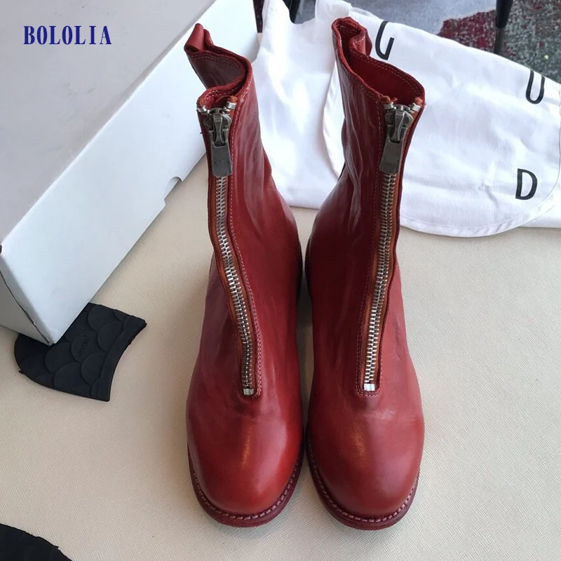 designer round toe leather short boots women low heel motorcycle boots high quality front zip martin ankle boots for women