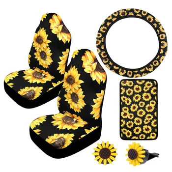 

6pcs 3D Sunflower Universal Car Front Seat Covers+Steering Wheel Cover Automobile Seat Protector Interior Accessories Car