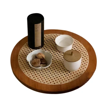 

Hand-Woven Rattan Decoration Round Plate Ornaments Storage Tray with Handle Bread Fruit Food Breakfast Display