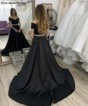 

Off The Shoulder Back Evening Dresses Beaded sash Zipper Back Simple Prom Celebrity Party Gowns Cheap Customized Abendkleider