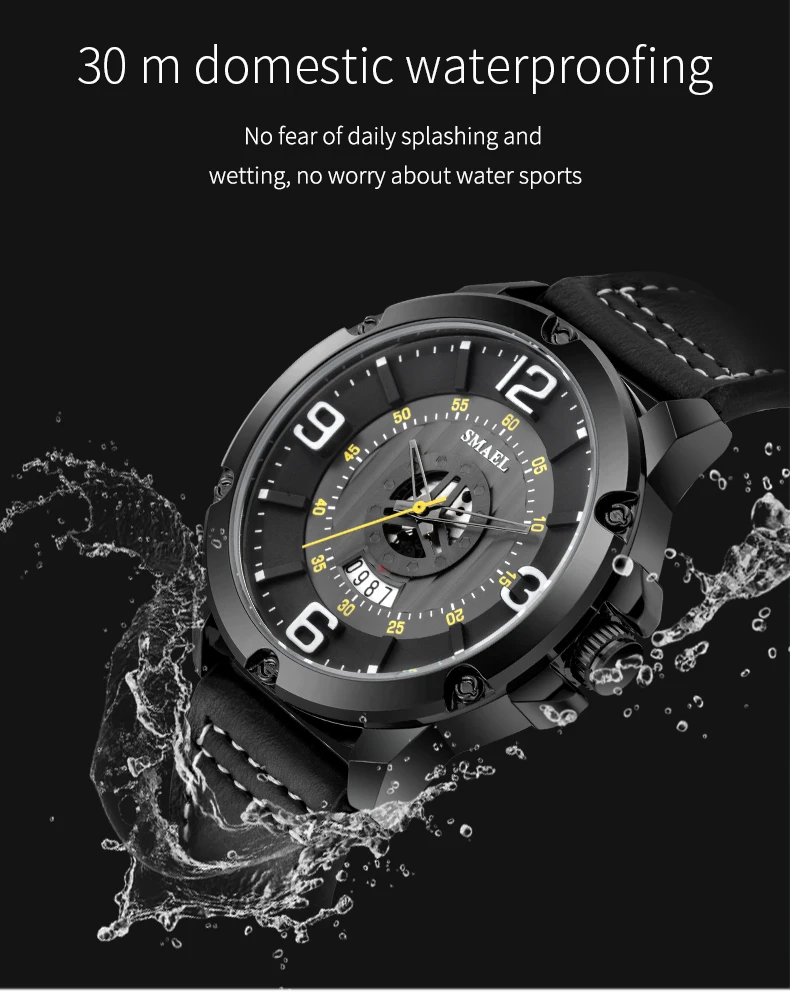SMAEL часы Мужские Модные Спортивные кварцевые наручные часы с календарем классические черные кожаные водонепроницаемые часы Роскошные военные мужские часы