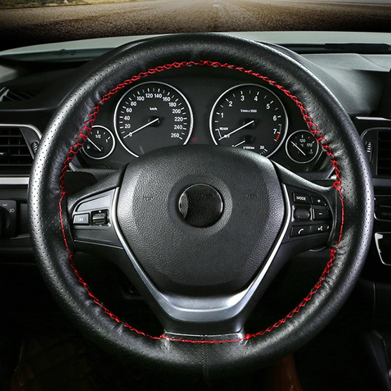 Универсальный DIY натуральная кожа чехол рулевого колеса автомобиля чехол с иглами и резьбой Черная кожа и Красная Нить
