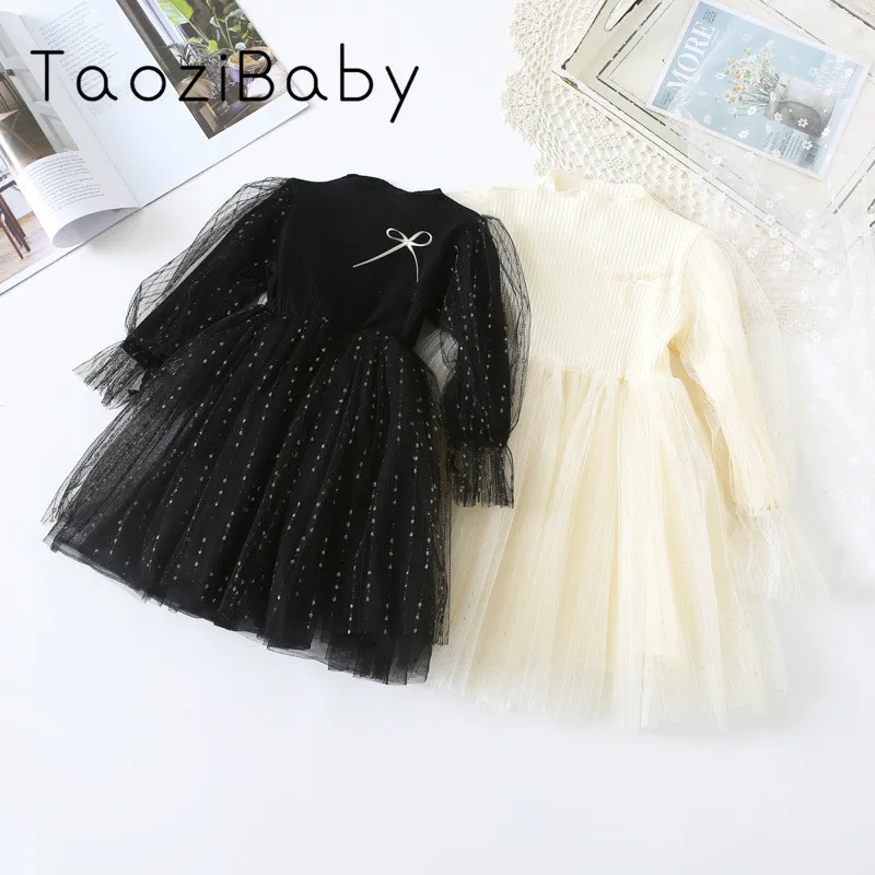

Girl's Dress 2020 Spring New Black Children's Knitted Long-sleeved Princess Dress Girls Dresses For Party And Wedding