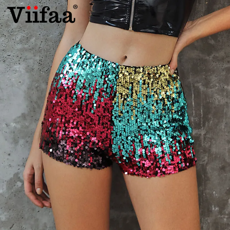 

Viifaa Multicolor Colorful Sequin Front Ladies Shorts 2019 Women Mid Waist Zipper Back Black Sexy Mini Festival Shorts