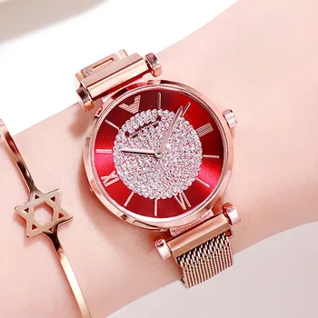

Women's Diamond Watch Ladies Fashion Rhinestone Watches Twinkling Wristwatches For Girls Rose Gold Magnetic Bracelet Lady Clock