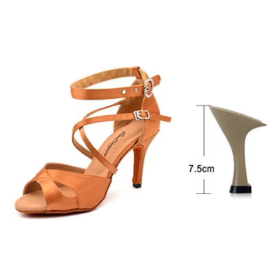 Brown 7.5cm Ladingwu/туфли для латинских танцев; женские бронзовые атласные танцевальные туфли для танго и сальсы; круглая пряжка со стразами; бальные туфли для танцев - Цвет: Brown 7.5cm