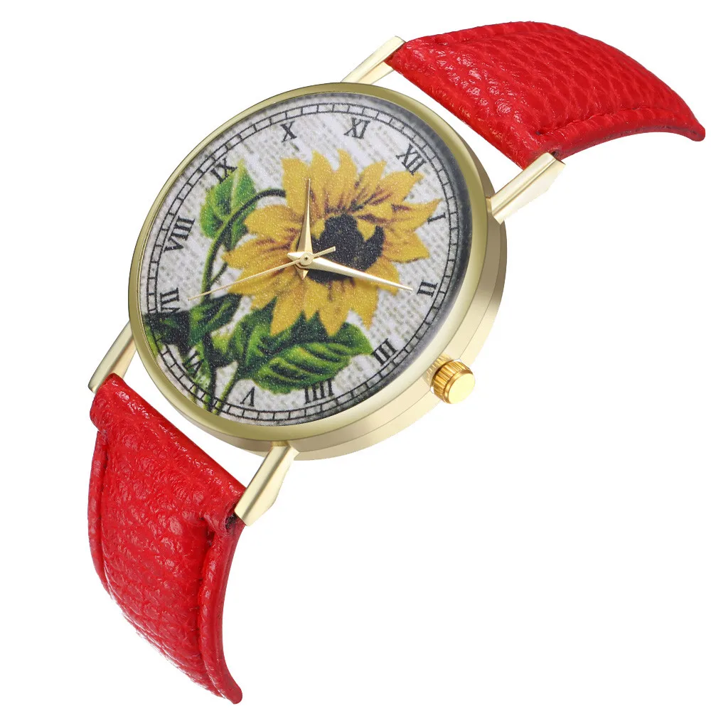 

Retro style design sunflower pattern Watch New Trend Belt watch Woman Leather Band Analog Quartz Round Wrist Watch Watches Q