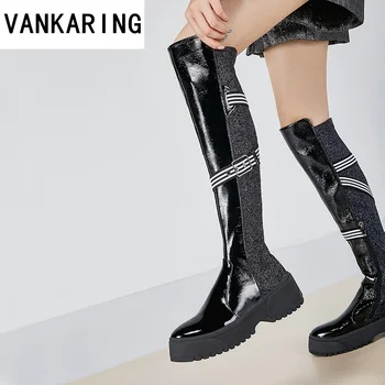 

autumn winter shoes woman knee high boots quality soft leather+elastic cloth brand women shoes women platform winter boots black