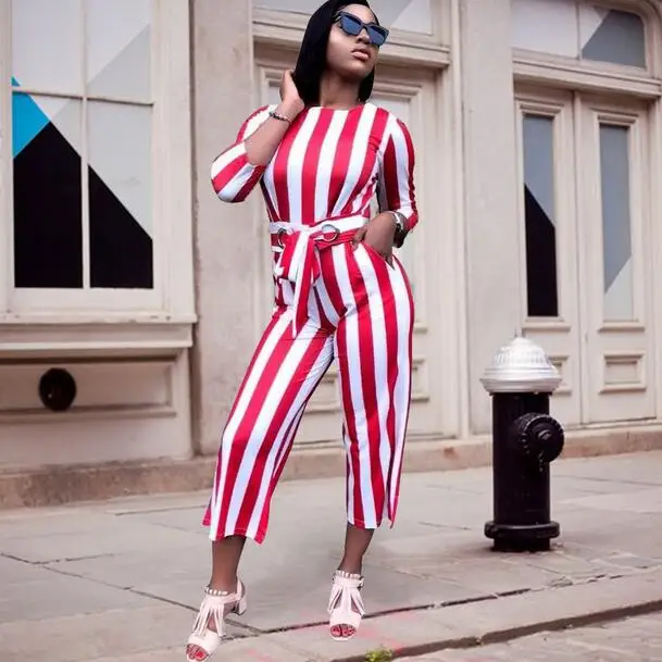 Autumn Striped Jumpsuits for Women Three-Quarter Sleeve Office Wear Jumpsuit Vintage Ladies Long Playsuits Overalls DW673