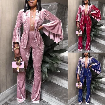 

2019 autumn new print cardigan casual solid color coat lantern sleeves micro trousers suit women's clothing