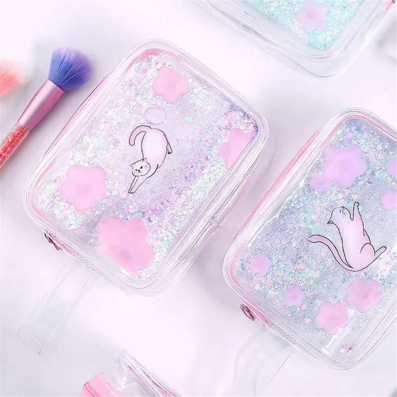 Прозрачный чехол Kawaii Sakura Cat для девочек, косметички для макияжа, пенал