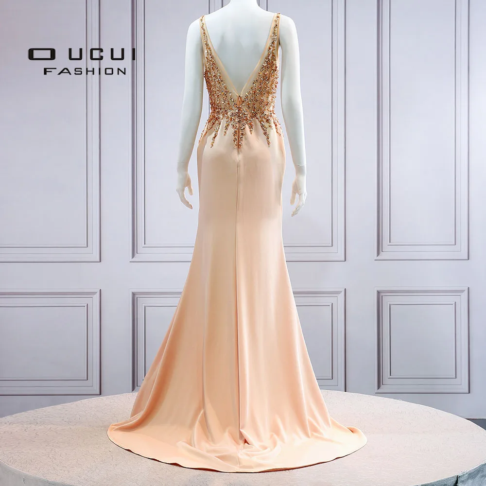 Трапециевидные Длинные вечерние платья Robe De Soiree с v-образным вырезом на спине со шлейфом со стразами без рукавов вечерние платья OL103541