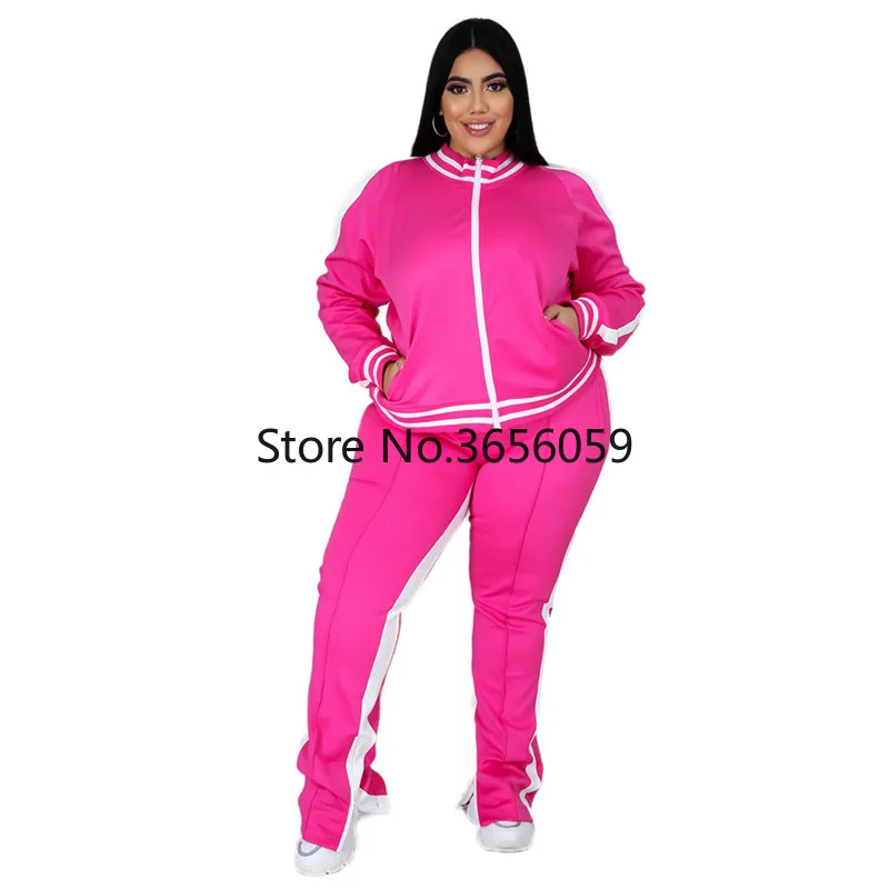 Women Two-Piece Set Striped Top Slit Pants Casual Jogger Outfit Matching Set Plus Size L-5XL