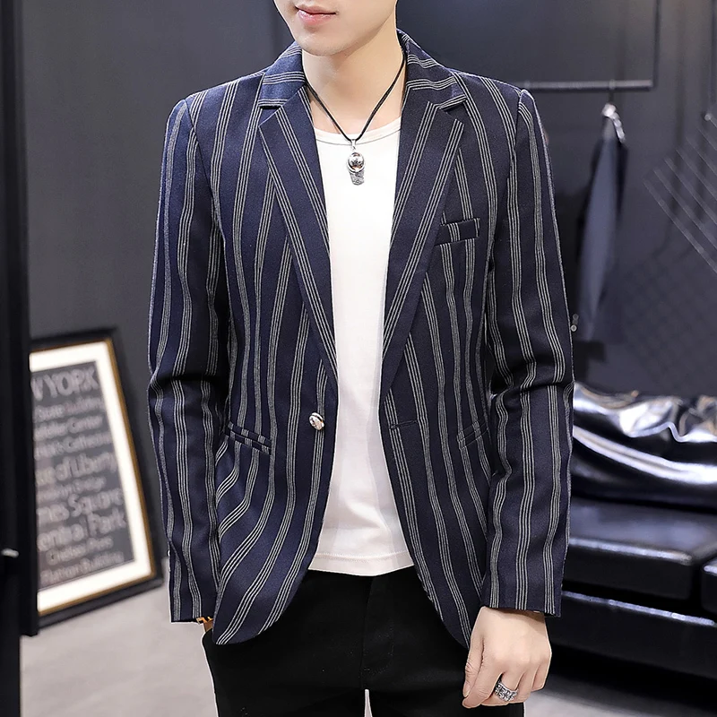 UYUK2019 Autumn And Korean Version Of The Self-cultivation Fashion Temperament Lapels Striped Stitching Men's Single Breasted UYUK2019 Autumn And Korean Version Of The Self-cultivation Fashion Temperament Lapels Striped Stitching Men's Single Breasted