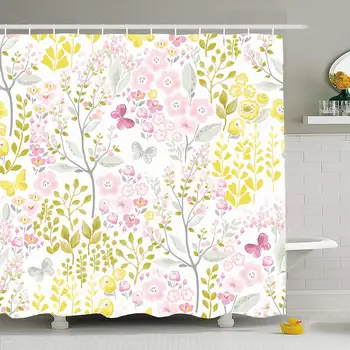 

Shower Curtain Set with Hooks 72x72 Textile Print Leaf Yellow Tender Pattern in Flowers Flying Butterflies Nature Square