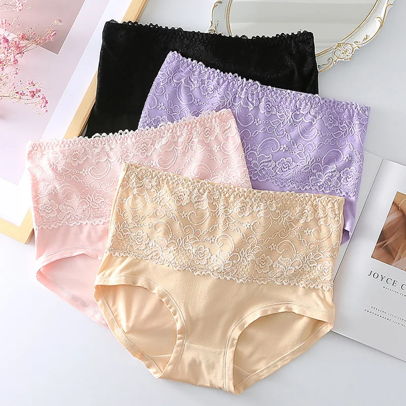 

Large Size Women's Cotton Underwear Lace Panties Women's Solid Color Briefs High Waist Sexy Female Underpants Seamless Panties
