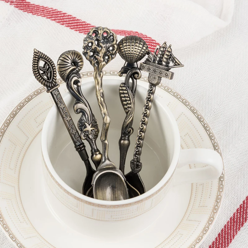 MR 5Pcs Vintage Royal Style Bronze Carved Small Coffee Spoon Kitchen Dining Bar Flatware Cutlery Mini Dessert Spoon For SnacK