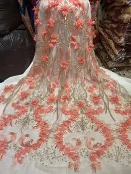 

new arrival embroidered net lace fabric with 3d flower JOY-22904 Nigeria tull net lace fabric with beads for party dress