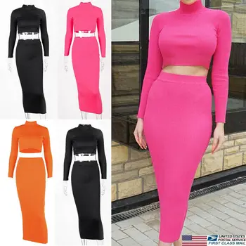 

Autumn Women Long Sleeve Casual Top T-shirt + Slim Bodycong Skirt Women's Set for Office Formal Ladies Black Rose Red Orange