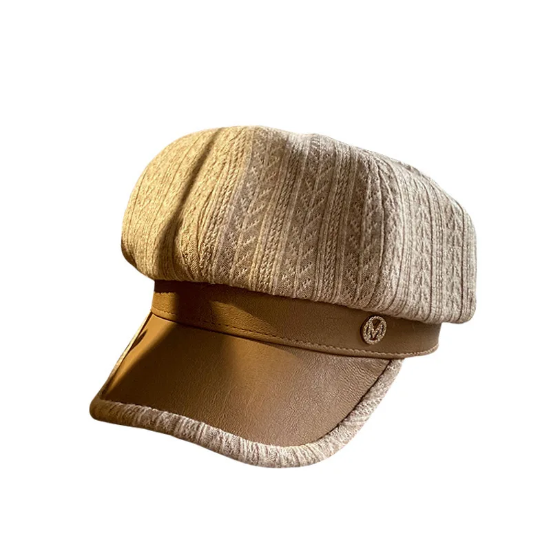 W63 Female Leather Beret Autumn And Winter Tide British Retro Letter Striped Octagonal Newsboy Painter Hat_voghion.com
