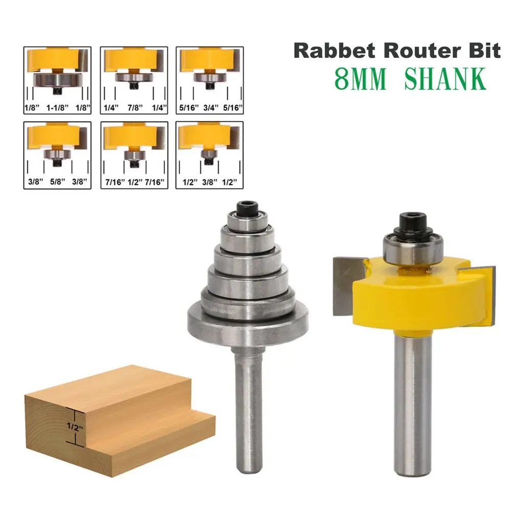  3pcs 8MM Shank Rabbet Router Bit with Bearings Set Woodworking Milling Cutter Tenon Cutter for Wood