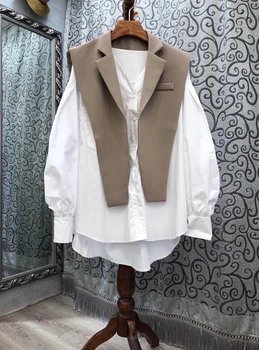 

2020 Autumn new women's lapel color matching shawl decorative V-neck long sleeve loose mid-length shirt 914