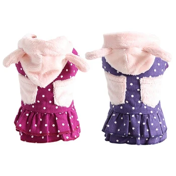 

Dog Winter Dress With Pockets For Small Dogs Winter Coats Hooded With Hat Cat Clothing Warm Dot Pattern Dress Costume MC