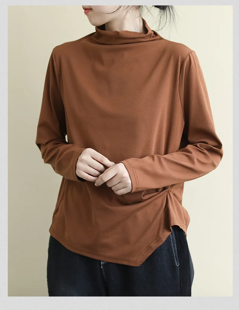 QPFJQD Spring Autumn Womens Cotton T Shirt Literary Long Sleeve Turtleneck Top Tees Ladies Warm Keep Shirt Mori Girls Tshirts