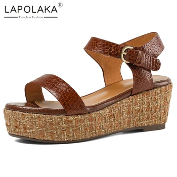 

Lapolaka 2020 Hot Sale Retro Genuine Leather Women Sandals Wedges Platform Metal Decoration Pumps Summer Leisure Woman Shoes