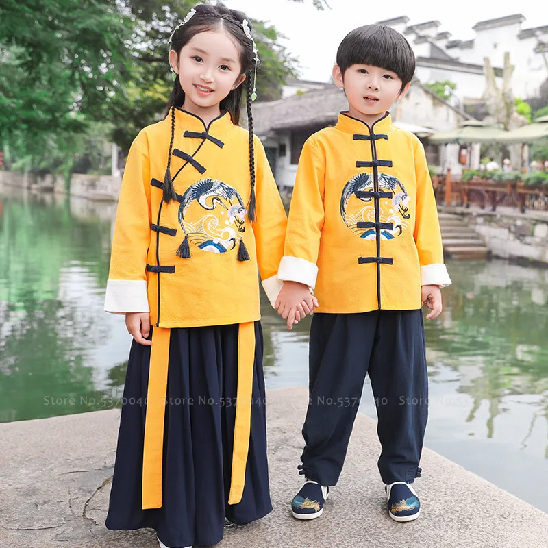 Китайский традиционный детский комплект одежды с вышивкой Журавля, Детский костюм в стиле династии Тан, нарядное платье для девочек, топы кунг-фу для мальчиков, юбки, штаны