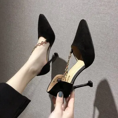 

2020 summer new Korean version of the chain decorative suede pointed toe cap toe hollow high-heeled sandals