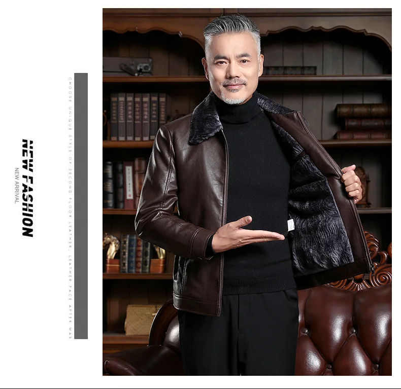 Autumn and winter new leather jacket men's pu leather middle-aged plush lining plus velvet thick casual business jacket