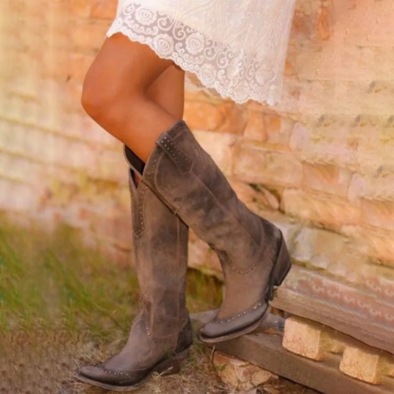 MoneRffi Women's Boots Retro Rivet Knee High Boots Handmade Leather Long Booties Women High Cowboy Boots Fashion Casual Shoes